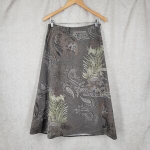 Tweeds Linen Blend Gray Paisley Floral A-Line Midi Skirt